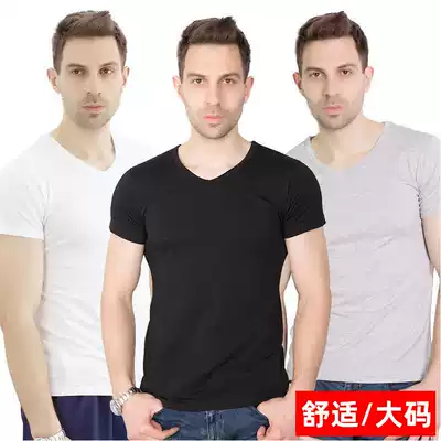 Short-sleeved T-shirt Men's T-shirt solid color loose V-neck elastic cotton half-sleeved top Fat guy fat plus fat plus size men's clothing