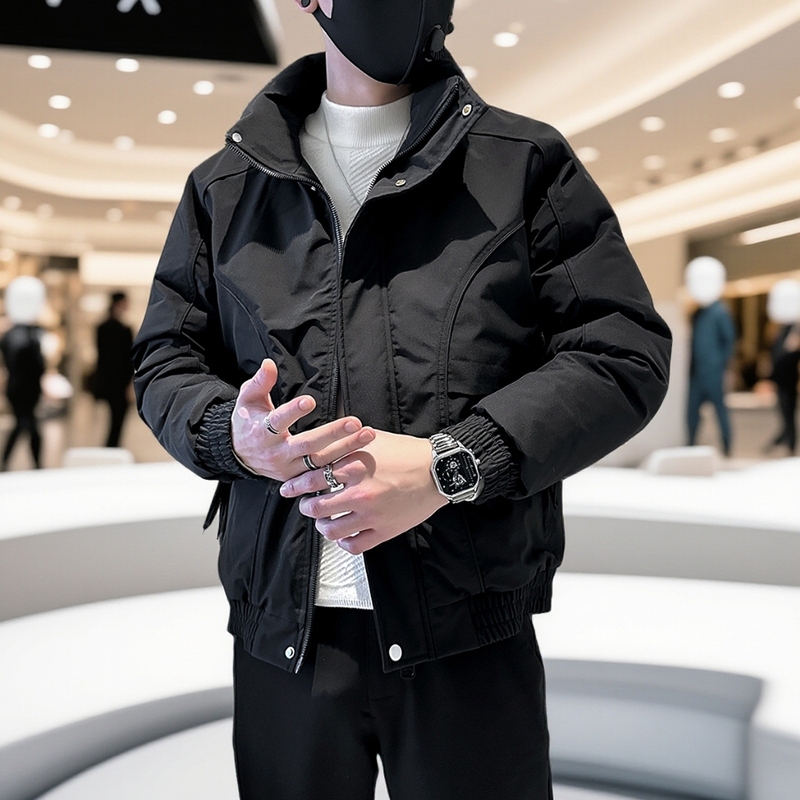 Designed Stand-Collar Cotton Jacket for Men, Black Thickened Coat, Korean Style Trendy Workwear Cotton Clothing, Cool and Stylish Winter Jacket