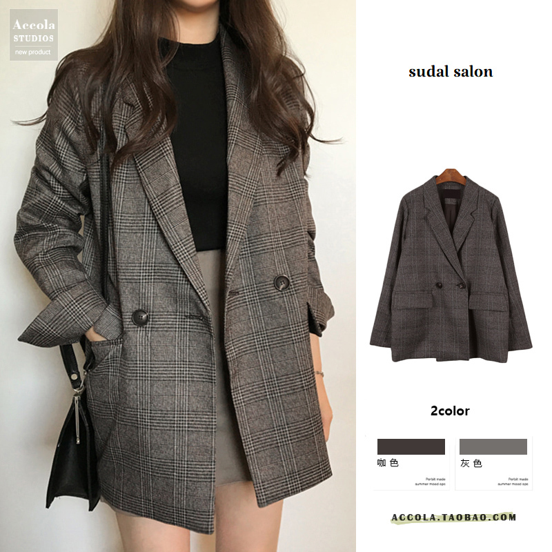 Korean Chic Early Autumn Retro Simple Plaid Lapel Two-Button Loose Double-Pocket Long-Sleeve Blazer Jacket for Women