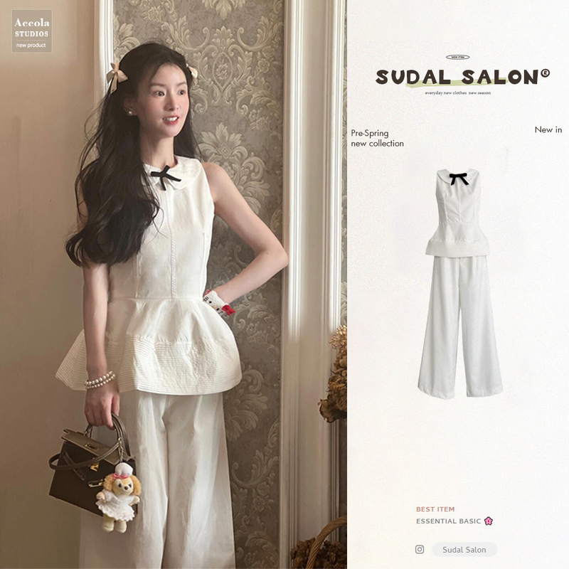 High-End Relaxed Style Outfit Set, French Bow Doll Collar Sleeveless Vest Top and Wide-Leg Pants Two-Piece Set for Summer High-End Relaxed Style Outfit Set, French Bow Doll Collar Sleeveless Vest Top and Wide-Leg Pants Two-Piece Set for Summer