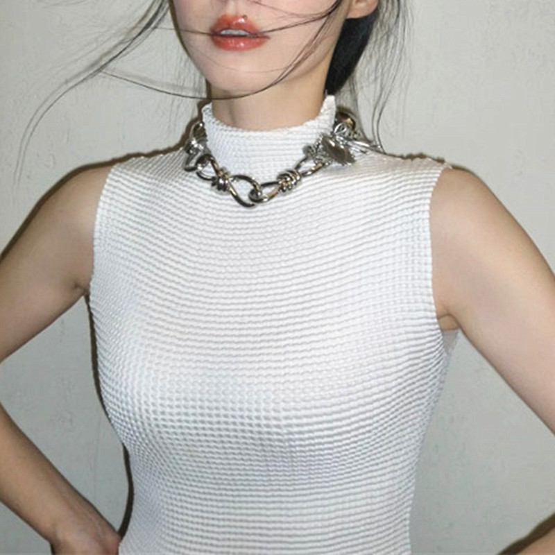 Celebrity-Inspired Hot Girl Knitted Slim-Fit Tank Top with Half-High Collar, New Summer Base Layer, Sexy Sleeveless Top for Women