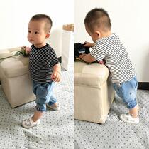 Childrens clothes boys and girls summer Han Edition T-shirts middle and small children with striped short sleeves t baby to repair half-sleeved tops