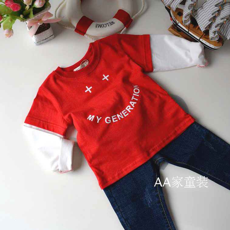 Spring new boy T-shirt children's round neck pullover bottoming shirt children's baby fake two-piece top T-shirt