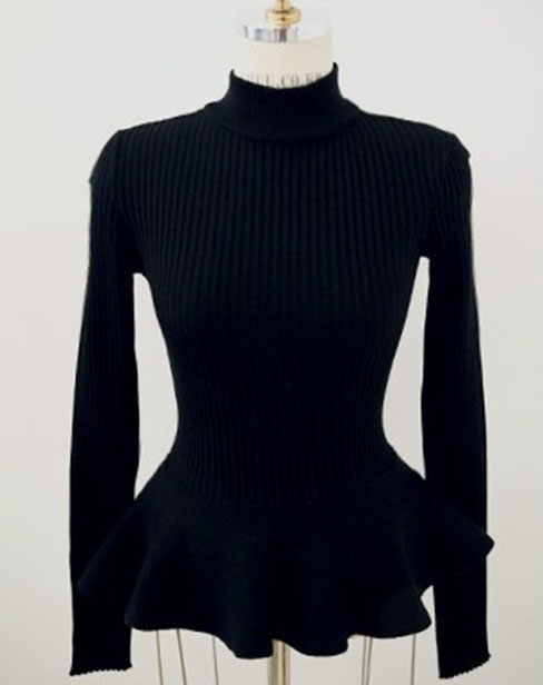 Ruffled hem hem váy mềm đan váy áo trùm đầu nữ co giãn đáy áo màu rắn ngọt áo len áo thun có cổ