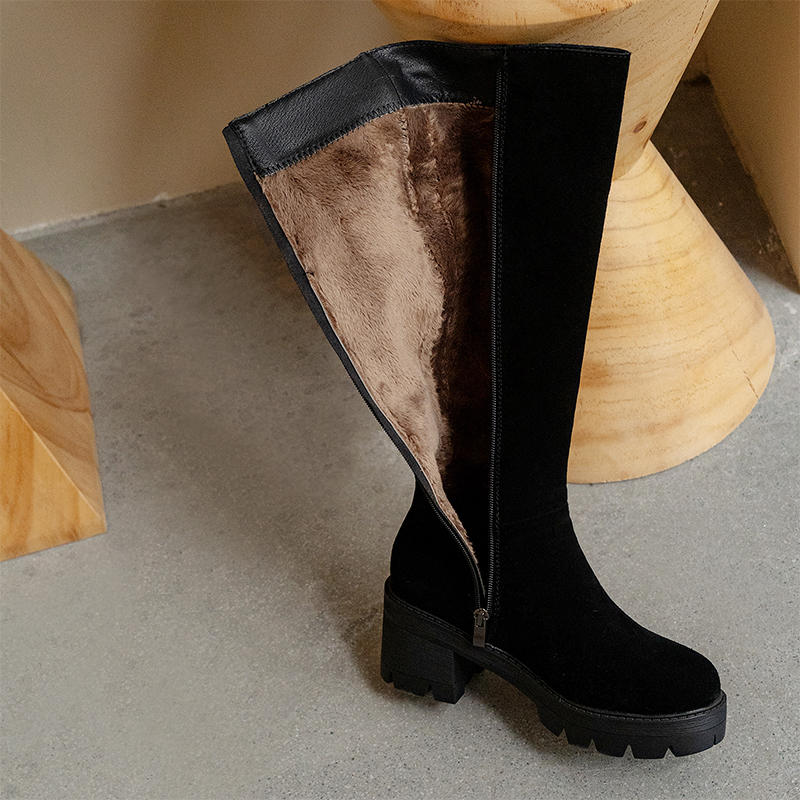 Frosted Suede Long Boots with High Heels, Chunky Heels, Thick Soles, and Thick Fur, Women's Autumn and Winter Fleece-Lined Thick High-Tube Riding Boots Frosted Suede Long Boots with High Heels, Chunky Heels, Thick Soles, and Thick Fur, Women's Autumn and Winter Fleece-Lined Thick High-Tube Riding Boots
