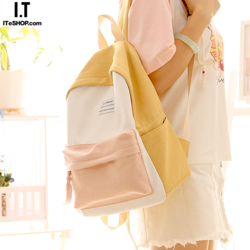 Hong Kong contrast color small fresh backpack women's backpack women's simple Korean version high school students canvas school bag