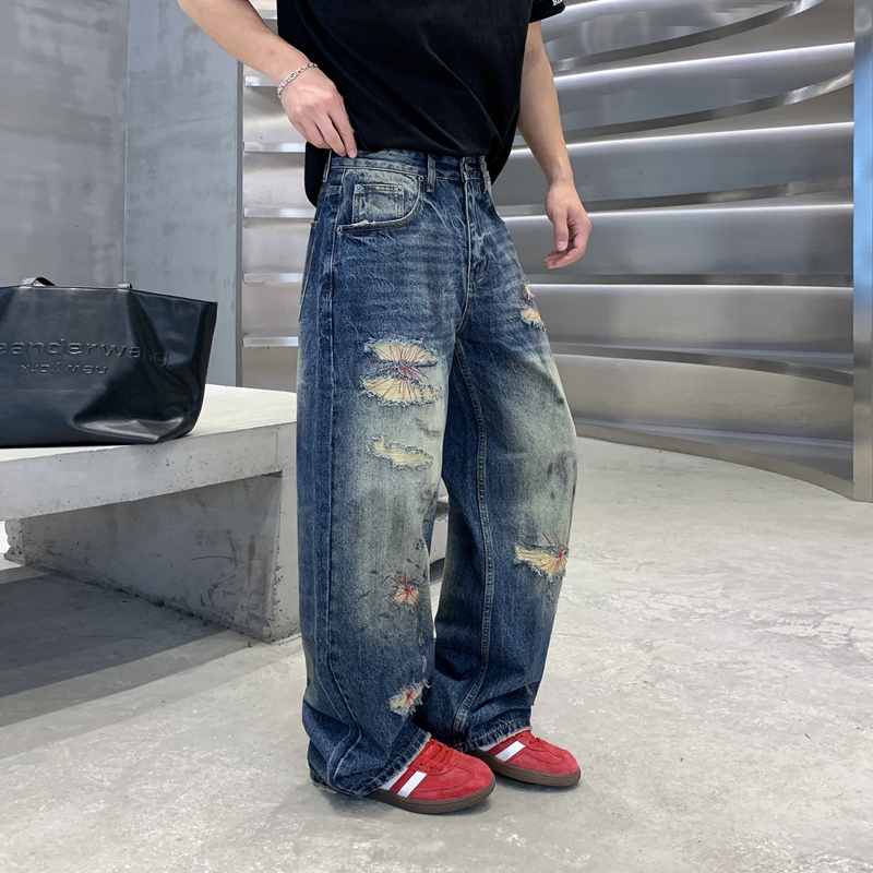 New Trendy Brand Loose Straight-Leg Blue Washed Jeans with Fake Holes