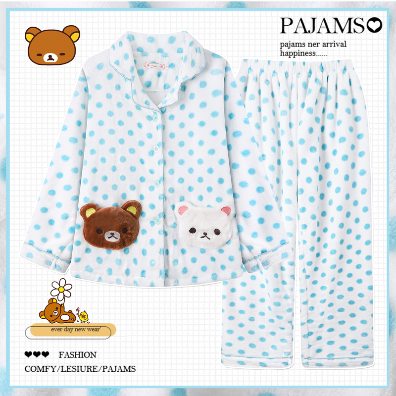 Cute Polka Dot Rilakkuma Pajamas for Women, Winter Coral Fleece, Thickened and Plush, Cartoon Internet Celebrity Blue Plush Loungewear
