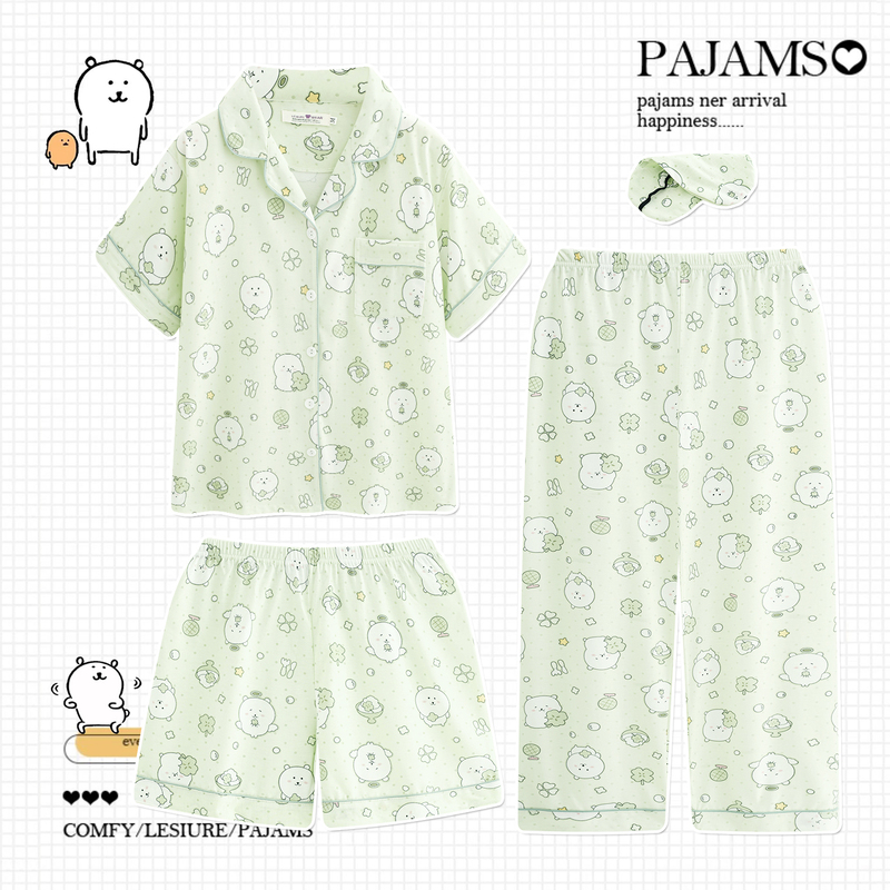 Cute Self-Deprecating Bear Pajamas for Women, Summer Pure Cotton Short-Sleeved Shorts and Long Pants, Thin Three-Piece Set, Cartoon Mint Green Loungewear