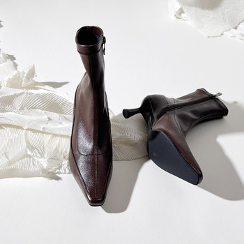 Korean style square toe short side zipper stretch boots stiletto heel