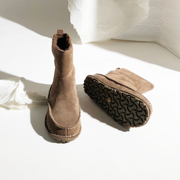 Retro round toe short spliced plush snow boots flat bottom