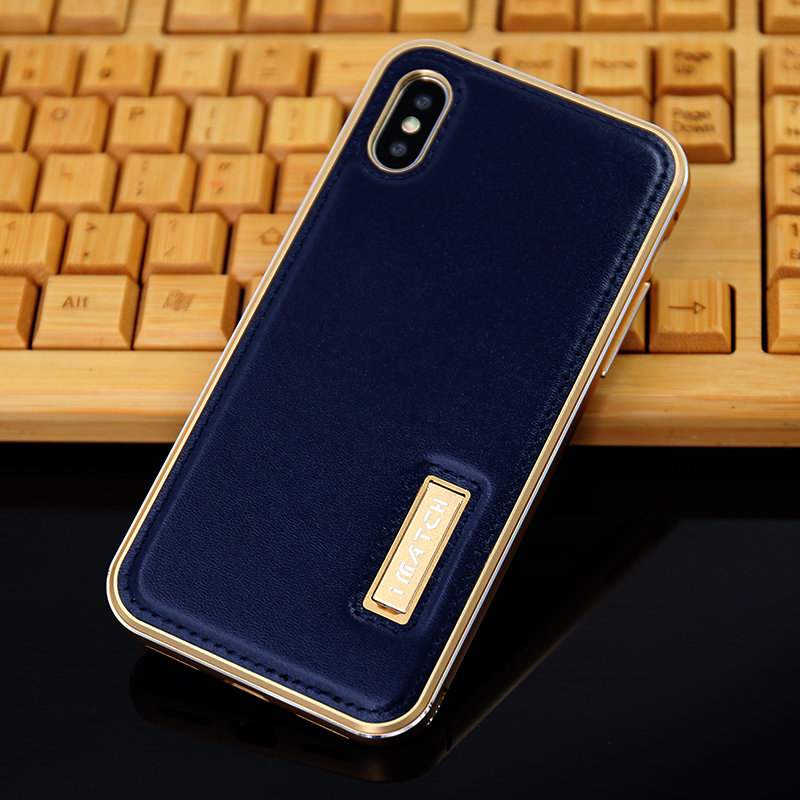 iMatch Luxury Aluminum Metal Bumper Premium Genuine Leather Back Cover Case for Apple iPhone X