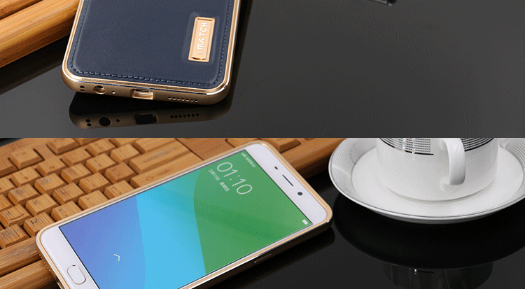 iMatch Luxury Aluminum Metal Bumper Premium Genuine Leather Back Cover Case for OPPO R9 Plus & OPPO R9