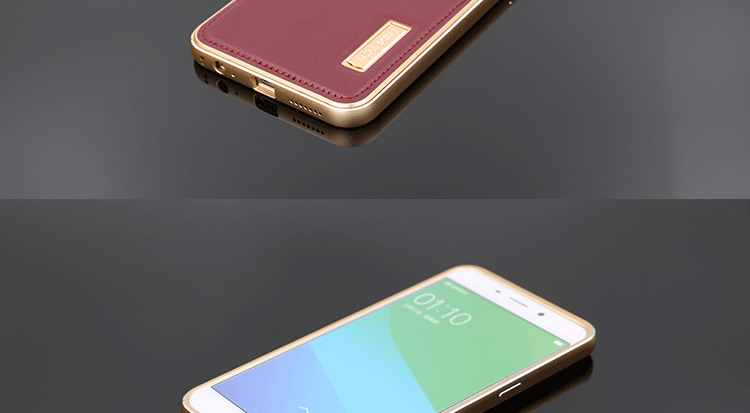 iMatch Luxury Aluminum Metal Bumper Premium Genuine Leather Back Cover Case for OPPO R9 Plus & OPPO R9