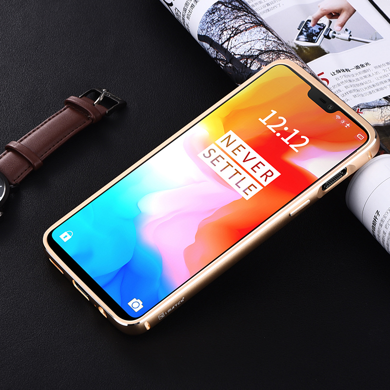 iMatch Luxury Aluminum Metal Bumper Premium Genuine Leather Back Cover Case for OnePlus 6