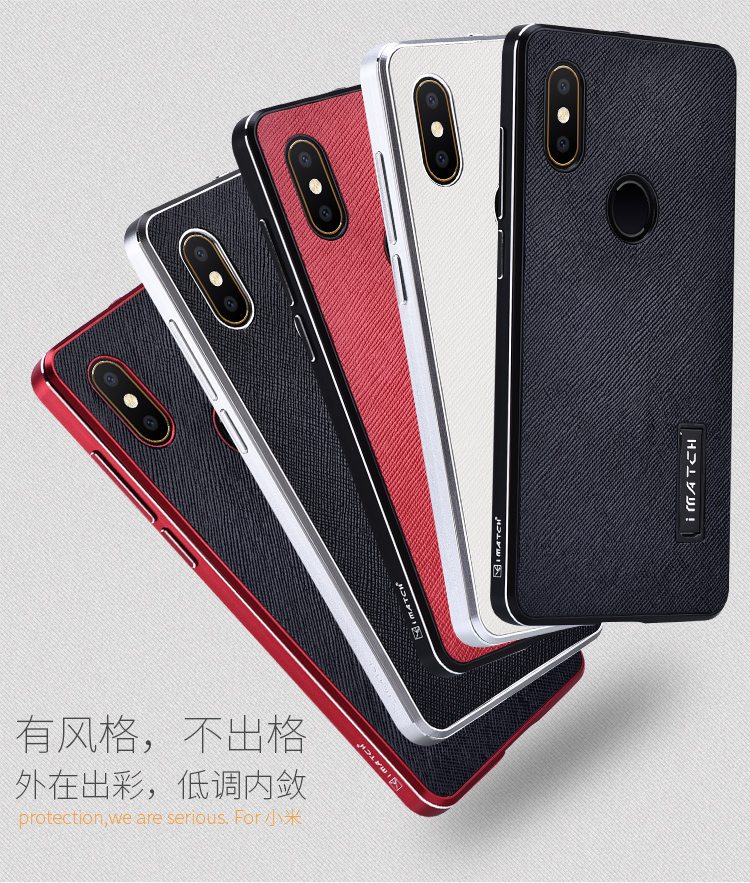 iMatch Luxury Aluminum Metal Bumper Premium Fiber Grain Genuine Leather Back Cover Case with Kickstand for Xiaomi Mi MIX 2s