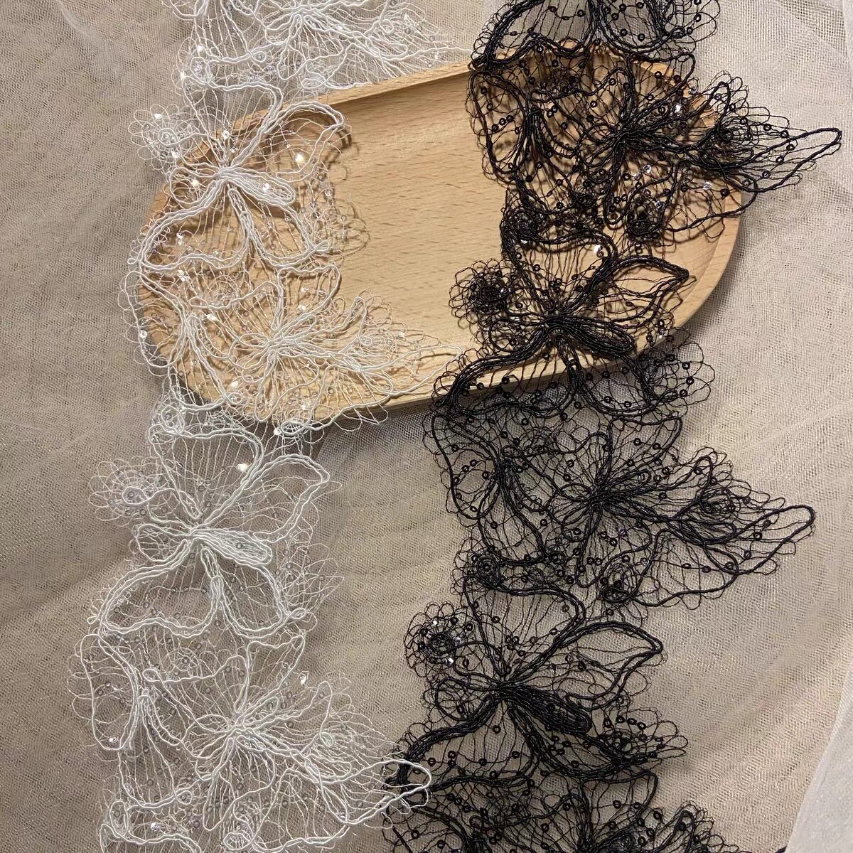 Black and white irregular butterfly lace, fish thread sequin lace, handmade DIY lace clothing, wedding dress, headdress