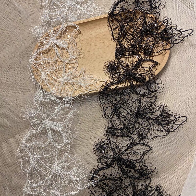 Black and White Irregular Butterfly Lace Fish Thread Sequin Lace Handmade DIY Lace Clothing Wedding Dress Headwear