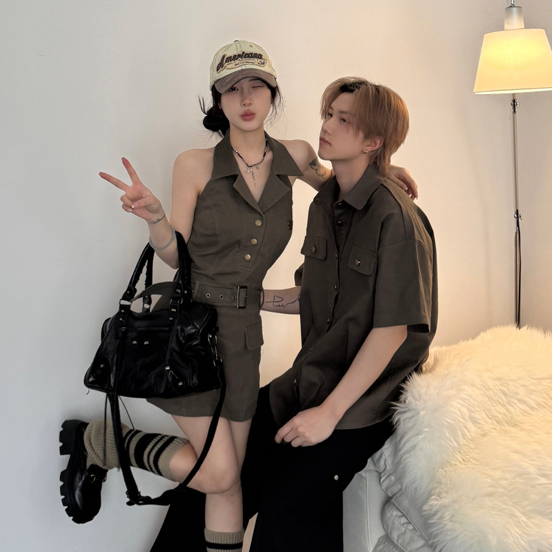 French-Style Couple Outfit, Hot Girl Sleeveless Workwear Dress, Summer Loose-Fitting Niche Design Shirt, One Dress One Shirt, Trendy