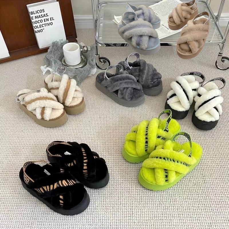 Henan Sanpo 2024 New Platform Thick-Soled Cross-Strap Elastic Band Furry Sandals for Outdoor Wear Spring and Summer Women's Sheepskin Slippers