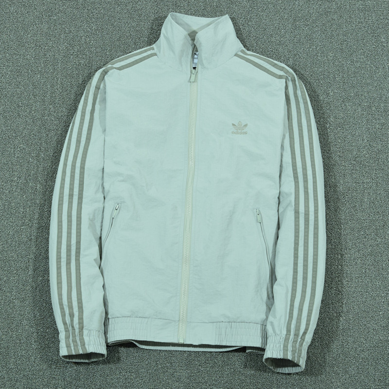 Adidas Men's Jacket with Stand Collar, Autumn Trefoil Embroidered Striped Loose Casual Sports Windbreaker