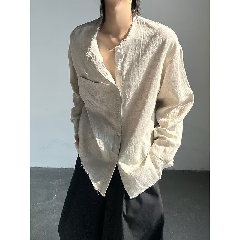 Old Money Style Raw Edge Linen Shirt for Men, Long-Sleeved, Summer Thin Style, American Retro, High-End, Lazy Style, Sun Protection Shirt