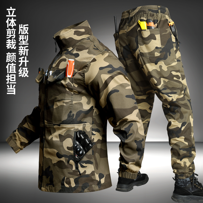 Camouflage Suit Men's Spring and Autum Long-Sleeved Cotton Stretch Jacket Wear-Resistant Anti-Scalding Jacket Multi-Pocket Loose Overalls