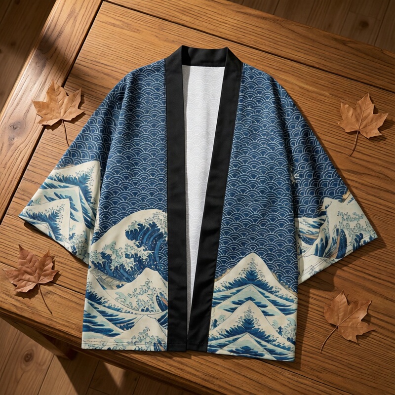 Japanese Kimono Ukiyo-E Carp Creative Wave Kimono Cloak Haori Fashion Creative Robe Unisex