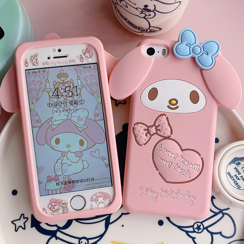 Apple 5S Phone Case for Women, Full Coverage, Cute Cartoon, 7P Silicone Anti-Drop, iPhone 8 Plus Tempered Glass Film, 6 Color Film