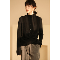 Miss Hua tooth Chen Aijia French commuter cashmere wear v high collar thin black knitted cardigan