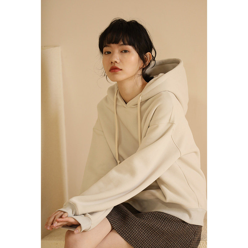 Miss Hatooth 22 autumn and winter is comparable to a small padded jacket loose plus velvet thickened cream color simple hooded lazy sweater women