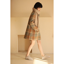 Miss Ha tooth Chen Aijia original vintage wool Brown green retro check Joker long woolen coat women