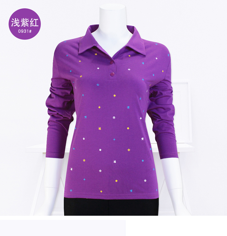 Áo thun mẹ mùa thu nữ size rộng rộng 50 tuổi của phụ nữ trung niên cotton dài tay áo ve áo mới chạm đáy áo kiểu trung niên u50