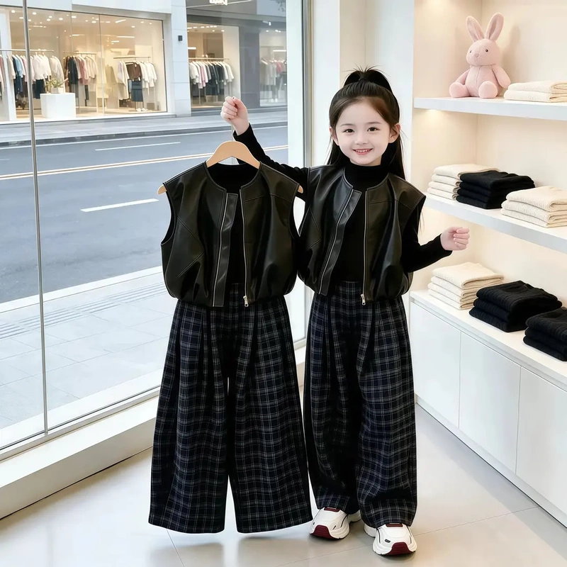 Girls' 2026 Autumn Fashion Set: Leather Vest, Base Shirt, Plaid Pants, Stylish Three-Piece Set