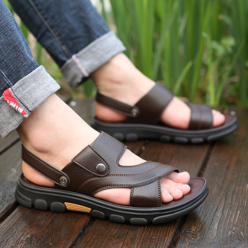 Hong Kong Sandals Men's Summer 2022 New Non-slip Genuine Leather Soft Bottom Beach Sandals Sandals Shoes Outwear Casual Sandals Men
