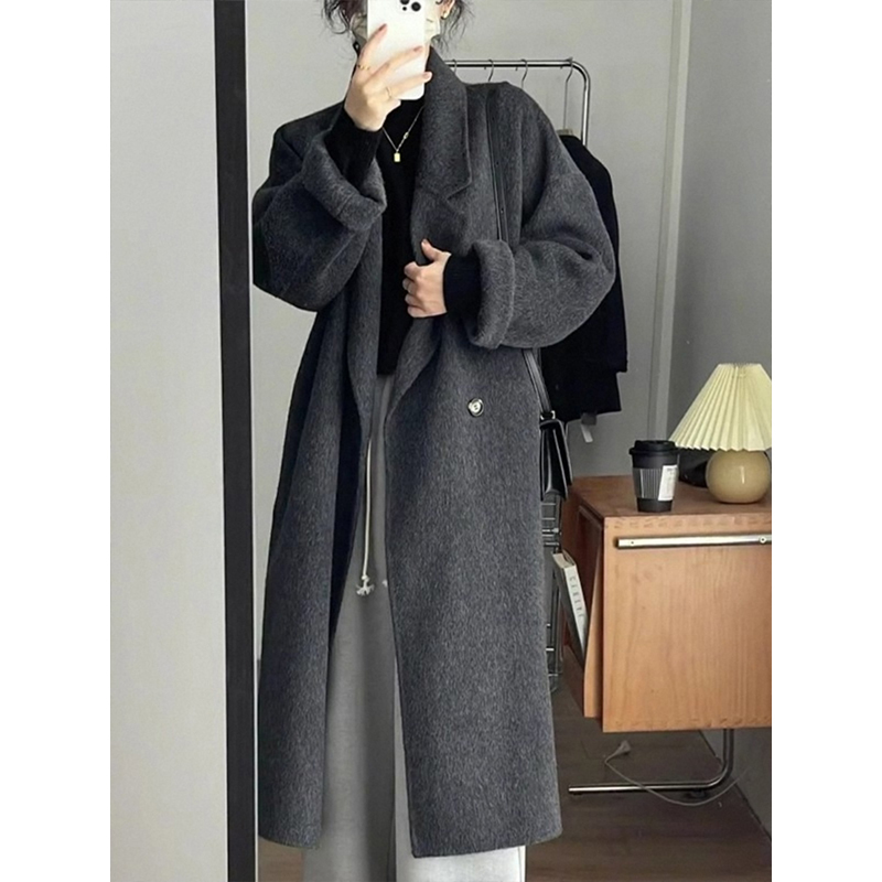 High-End Cashmere Coat for Women, Black and Gray, 2025 Winter New Style, Mid-Length Woolen Coat, Korean Style Loose Coat