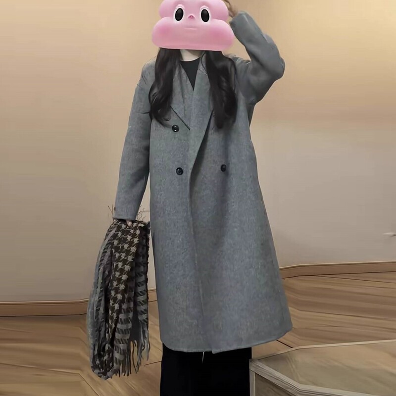 Gray Petite Cashmere Coat 2025 Winter Korean Style Slimming Wool Cashmere Woolen Coat for Women Mid-Length