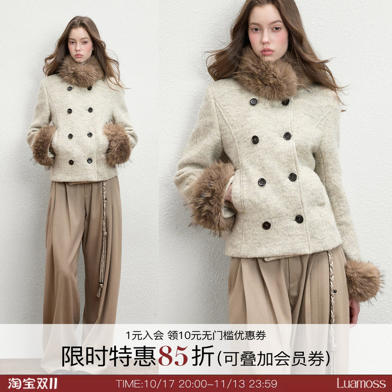 Luamoss 75% Wool Beige Variegated Textured Wool Coat Double-Breasted Detachable Fur Collar Overcoat Luamoss 75% Wool Beige Variegated Textured Wool Coat Double-Breasted Detachable Fur Collar Overcoat