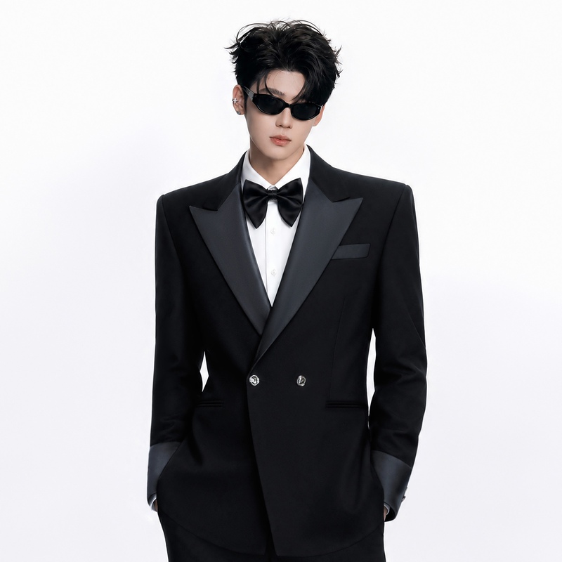 Yanjiestudio Black Satin Lapel Collar High-End Business Banquet Performance Wide-Shoulder Waist-Cinching Suit Jacket