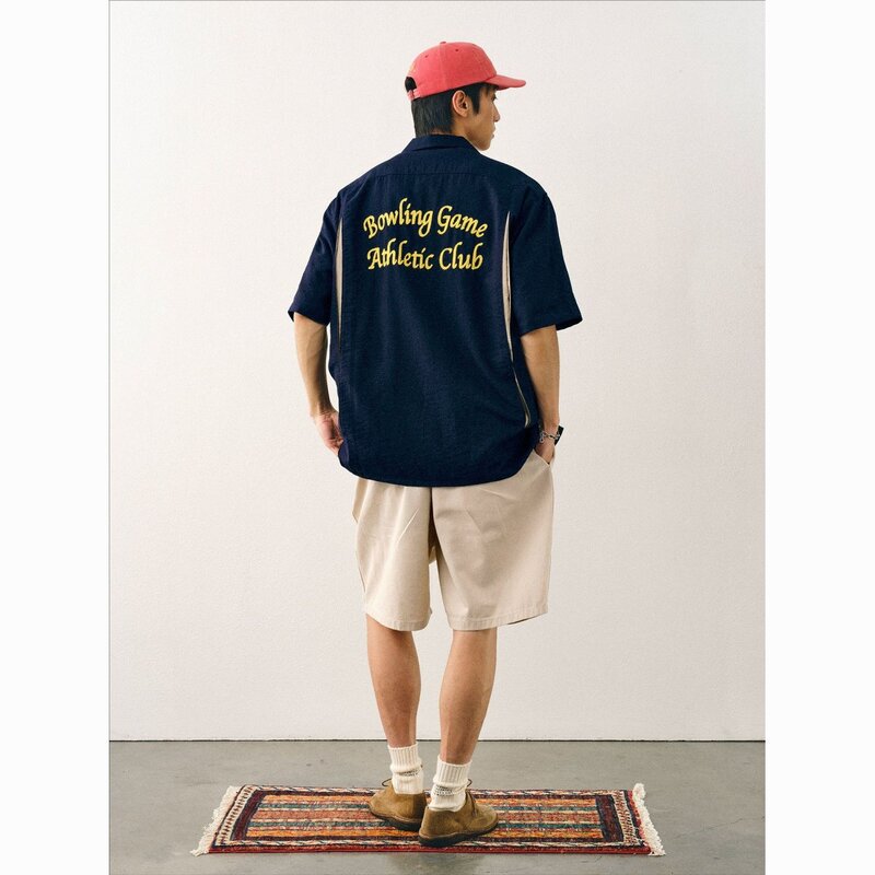 Bamboo Pattern Bowling Short-Sleeved Shirt for Men, Loose Summer Cuban Collar Shirt, American Retro Embroidery Bamboo Pattern Bowling Short-Sleeved Shirt for Men, Loose Summer Cuban Collar Shirt, American Retro Embroidery