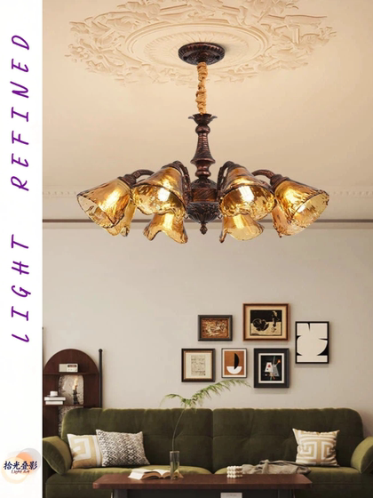 American-Style Retro Living Room Main Light, French Mid-Century Style, Maillard Floral Glass Bedroom Dining Room Creative Pendant Light