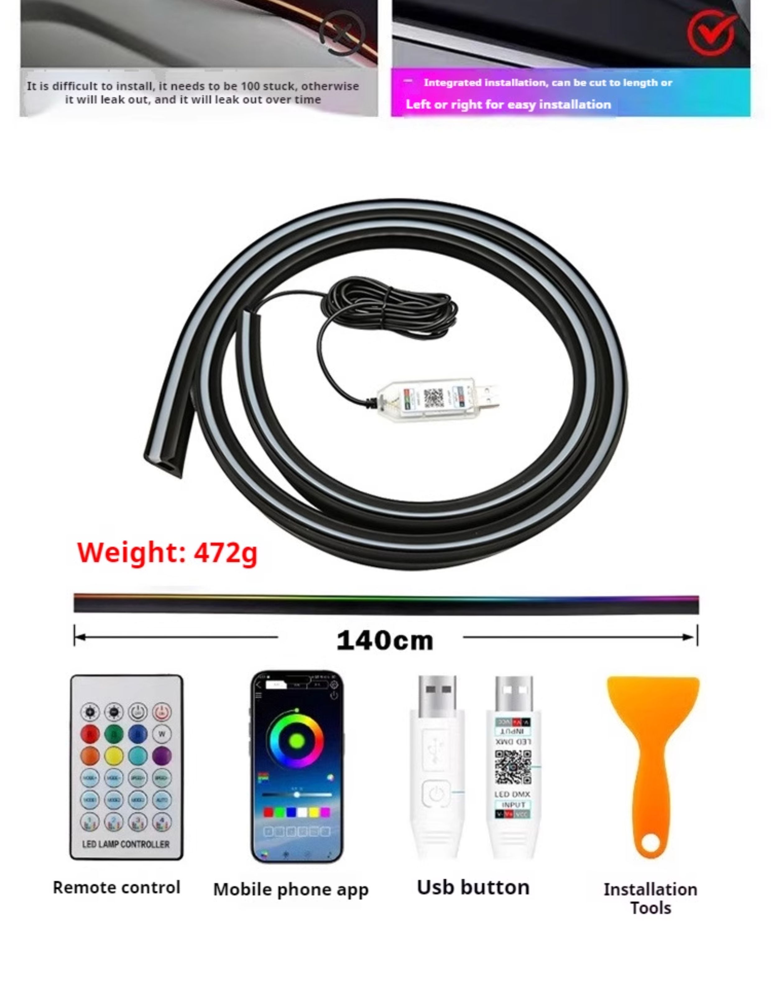 Car Led Front Hidden Soundproof Strip, Colorful Central Control Ambient Light, Remote Control App-Controlled Modified Lighting Strip