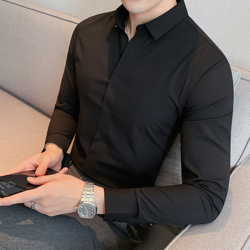 High-End Concealed Placket Seamless Shirt for Men, Long-Sleeved, High-End Feel, No-Iron, Slim Fit, Business Casual, Men's Black Shirt