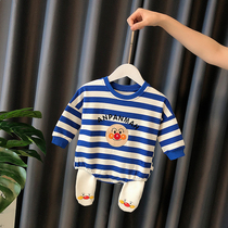 Baby autumn dress Korean baby striped triangle dress set cotton cartoon newborn bag shirt suit six months