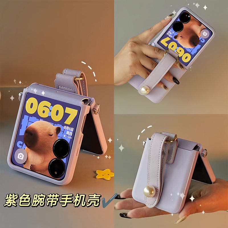 Full Coverage Phone Case with Wrist Strap and Leather Texture for Honor Magicv, Xiaomi Mix Foldable Screen, Flip2, Huawei Nova Flips, New P50 Pocket2, Samsung Z Flip7, and Galaxy Z Fold6