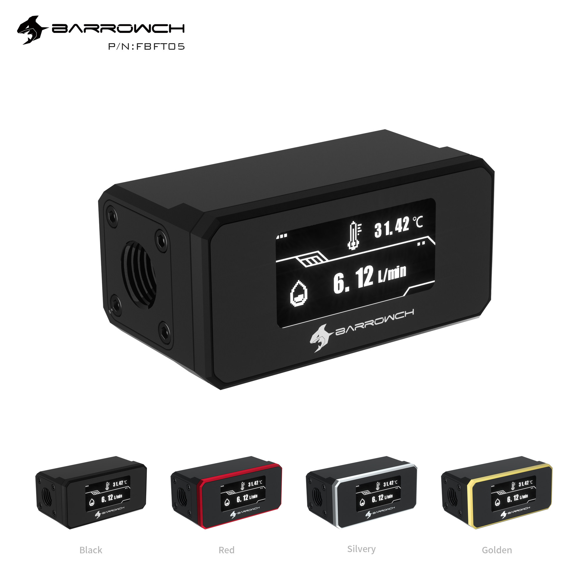 Barrowch water cooling system OLED number of display traffic water temperature meter real time flow water temperature monitoring FBFT05