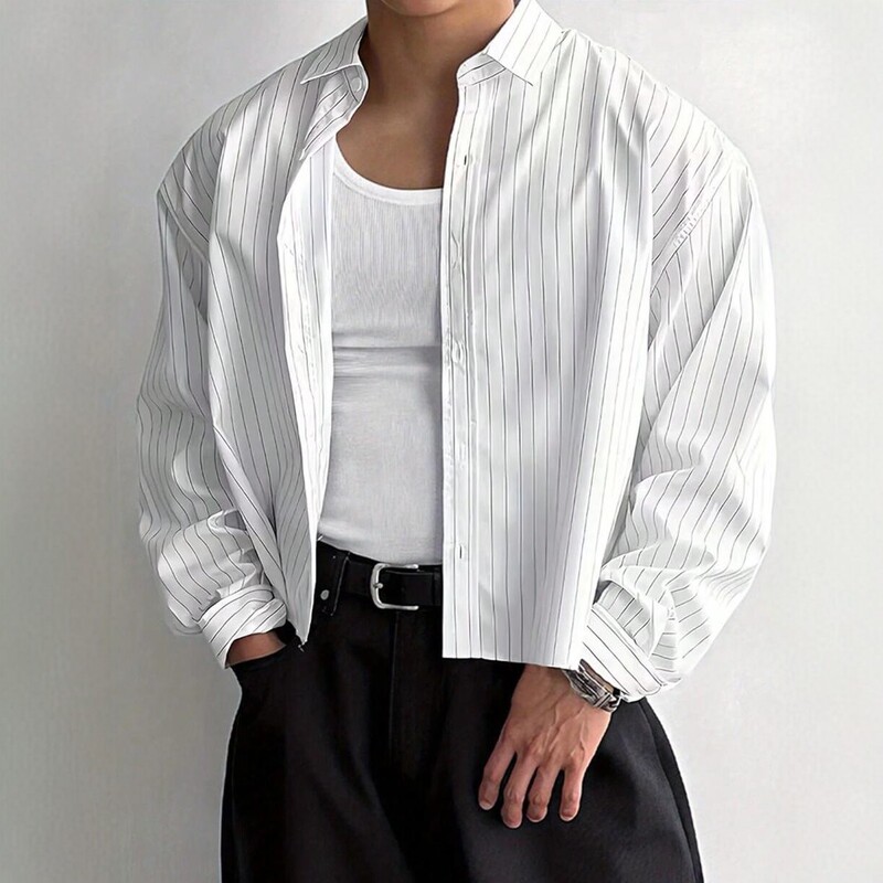 2026 New Men's Striped Shirt Loose Long-Sleeved Casual Trendy Solid Color Shirt Cross-Border Foreign Trade Men's Clothing 2026 New Men's Striped Shirt Loose Long-Sleeved Casual Trendy Solid Color Shirt Cross-Border Foreign Trade Men's Clothing