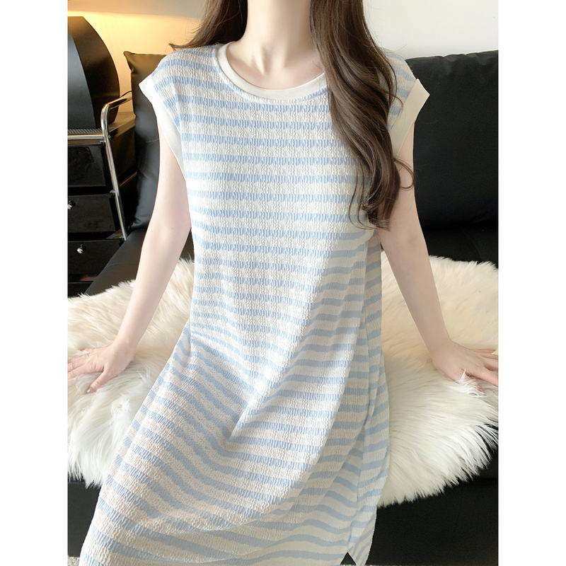 Striped Vest Nightdress for Women with Breast Pads 2026 Summer New Style Sleeveless Loose Can Be Worn Outside Summer Knitted Dress Striped Vest Nightdress for Women with Breast Pads 2026 Summer New Style Sleeveless Loose Can Be Worn Outside Summer Knitted Dress