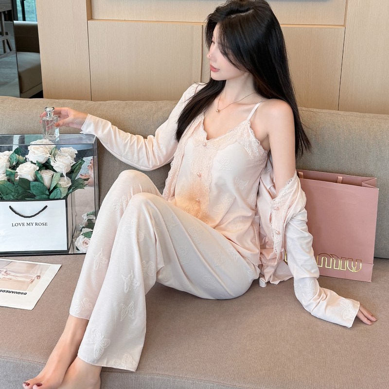 Women's Three-Piece Pajama Set 2026 Autumn New Style Pure Desire Camisole with Chest Pads Long-Sleeve Lace Loungewear Set