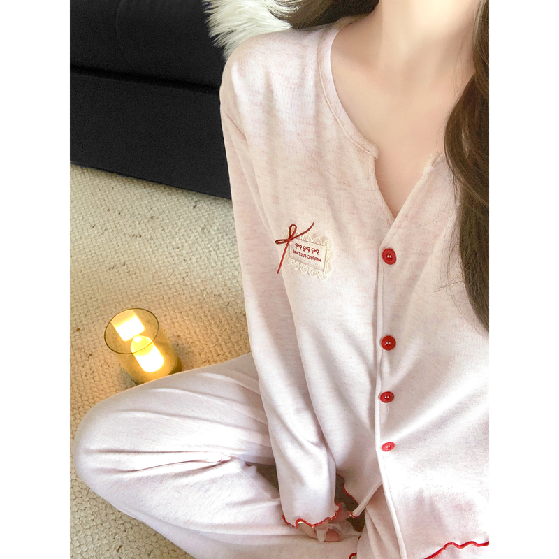 Pajamas with Breast Pads for Women, Spring and Autum Cashmere Thin Style, Simple Sweet Pink Cardigan, Long-Sleeved Pants, Home Wear Set